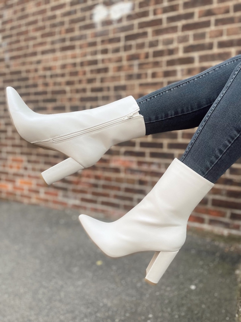 BAMBOO Off White Faux Leather Block Heel Ankle Bellflower Booties